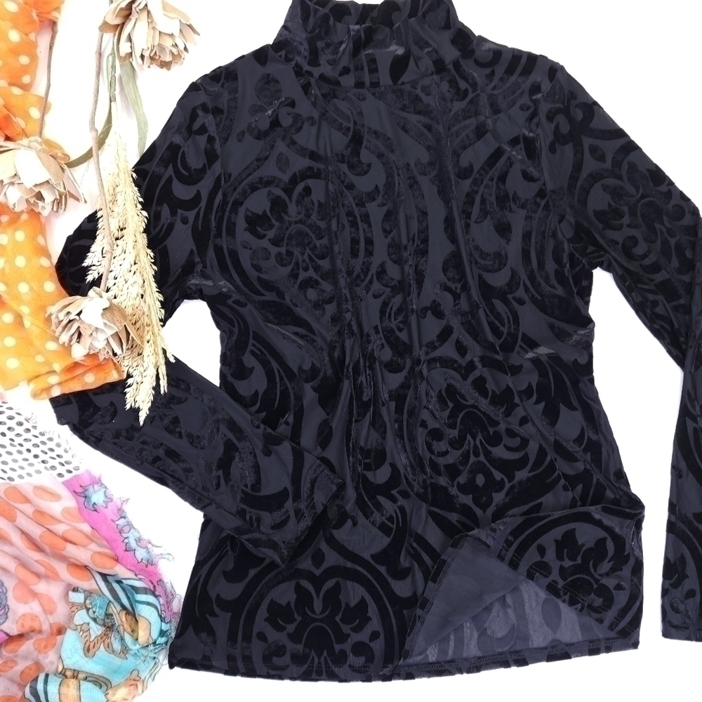 Ginger G Sheer Black With Velour Textured Design Mock Turtle Neck Top Sz L
